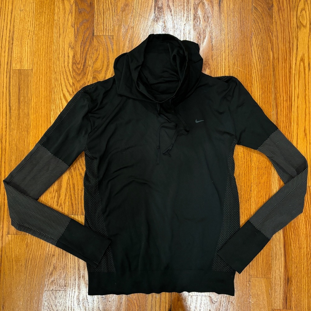 Nike Dri-Fit black cowl neck fitted shirt with gray and black design on sleeves